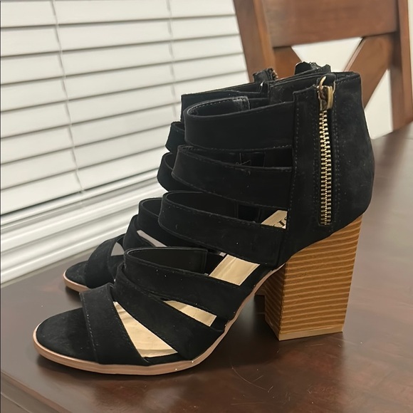 Just Fab Microfibre Strappy Open Toe Chunky Wooden Heels Sandals Black Size 8 - Picture 2 of 14